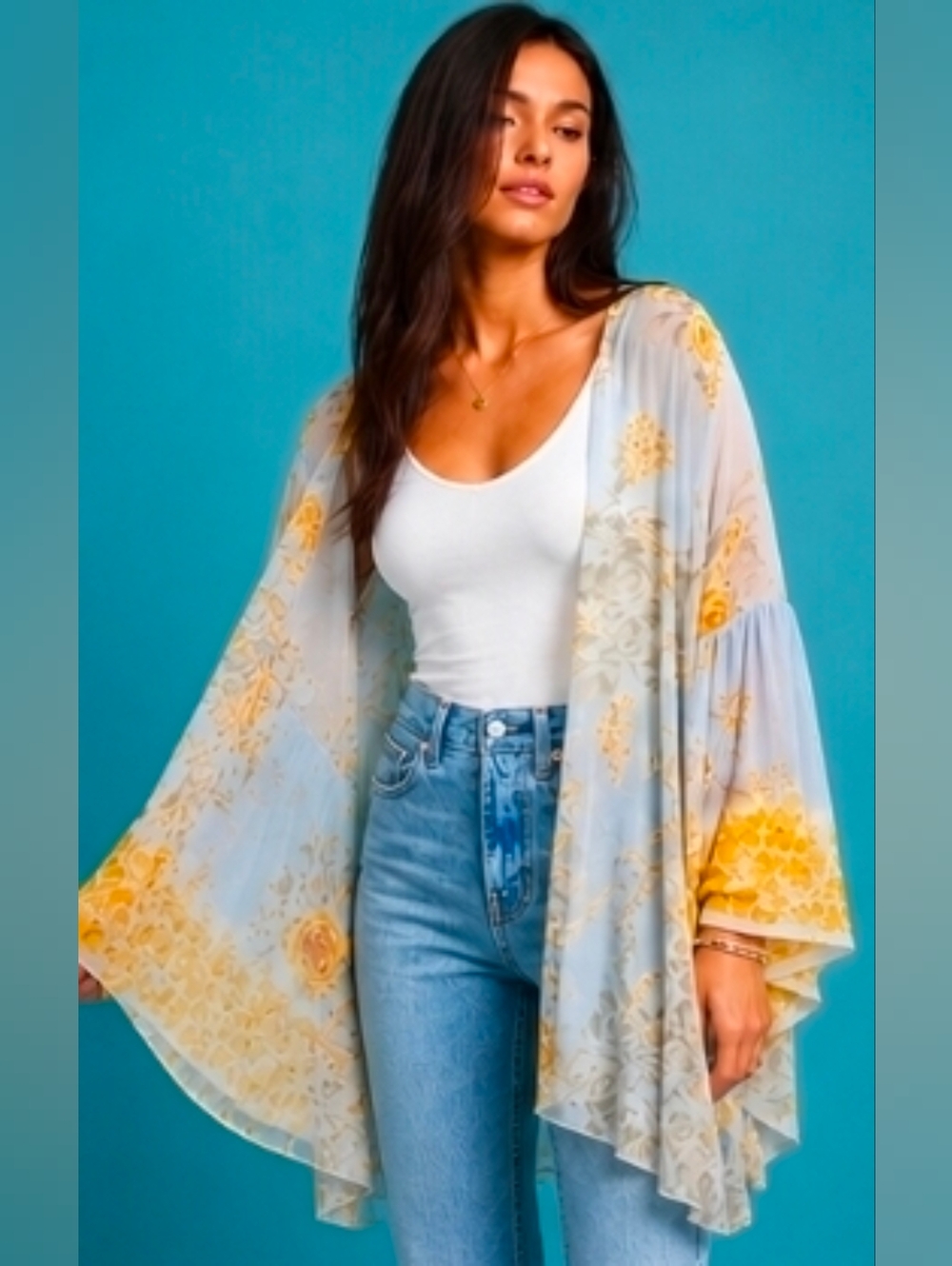 Anthropologie Jordin Floral Kimono Flutter Sleeves Blue Combo One Size $180